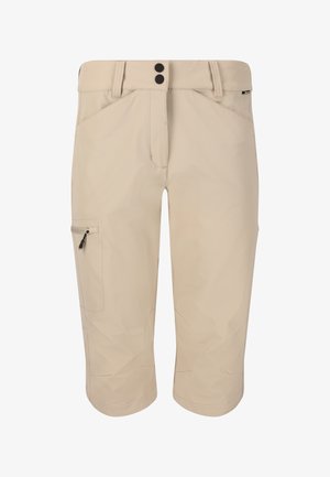 Beige knæ-lange cargo shorts med en glat tekstur, to forlommer, en sikker lynlåslomme på siden og en bæltestrop med knap.