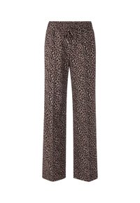 Leopard print trousers with a relaxed fit, featuring a drawstring waist, soft fabric, and wide legs, showcasing a tan and black pattern.