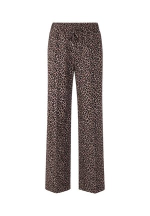 Leopard print trousers with a relaxed fit, featuring a drawstring waist, soft fabric, and wide legs, showcasing a tan and black pattern.