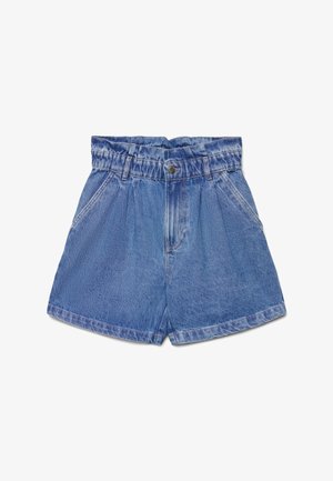 Shorts di jeans blu a vita alta con vita arricciata a sacchetto, bottoni frontali, cerniera, passanti per cintura, tasche laterali e ampie aperture delle gambe.