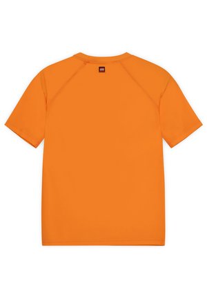 Short-sleeved, orange t-shirt made from soft fabric. Features a crew neck and a small logo tag at the back near the neckline.