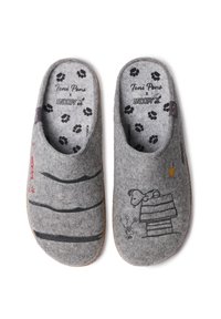 Pantofole grigie con una consistenza morbida. La pantofola sinistra ha delle strisce nere; quella destra presenta Snoopy su una cuccia con una piccola stella gialla.