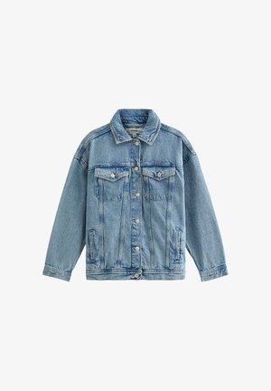Light blue denim jacket featuring a classic collar, two front pockets with flap closures, and button fastenings down the front.