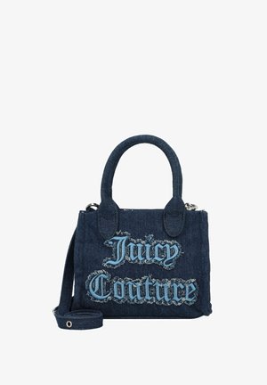 Jeans handtas met rafelige randen, donkerblauwe kleur, dubbele handvaten en verstelbare schouderband. Kenmerkt "Juicy Couture" geborduurd in lichtblauw.