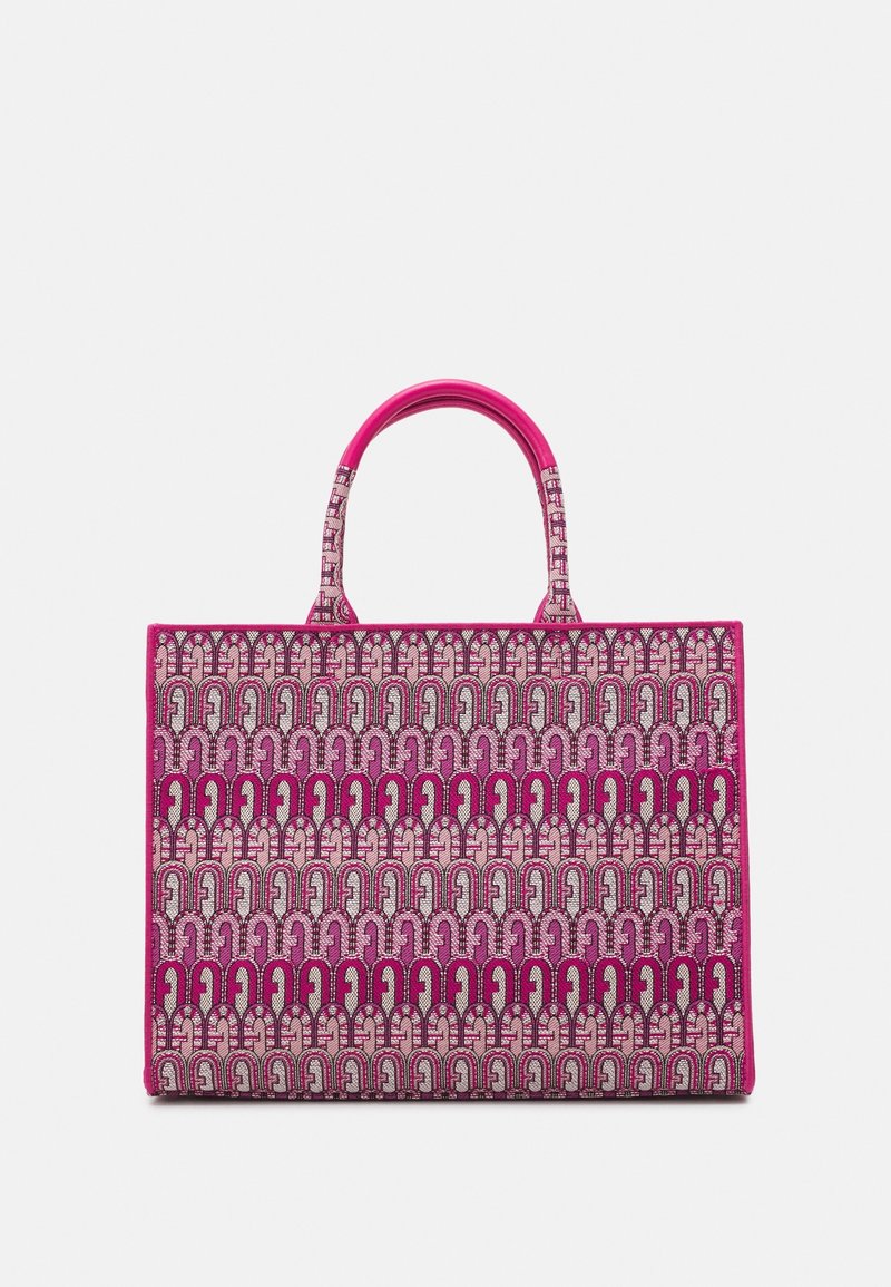 Sac cabas rectangulaire rose avec doubles poignées et motif géométrique en arc répétitif dans des nuances de rose, violet et beige sur fond blanc.