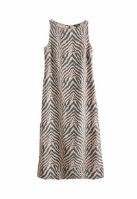 Hame vestido sin mangas con un corte holgado, que presenta un patrón de cebra en rosa y verde, confeccionado en una tela suave, con un escote redondo y bolsillos laterales.