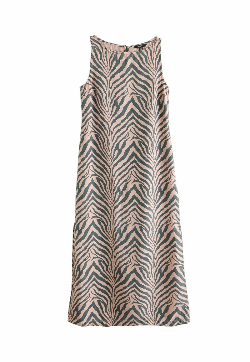 Vestido sin mangas de corte holgado, con un patrón de cebra en rosa y verde, fabricado en una tela suave, con escote redondo y bolsillos laterales.