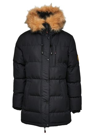 Zwarte pufferjack met een faux fur-voering in de capuchon, voorzien van een ritsluiting, voorzakken en een gestikt patroon voor isolatie.