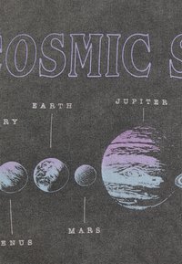 Vue partielle d'un imprimé textile représentant les planètes Vénus, Terre, Mars et Jupiter avec leurs noms en texte blanc sur fond sombre.