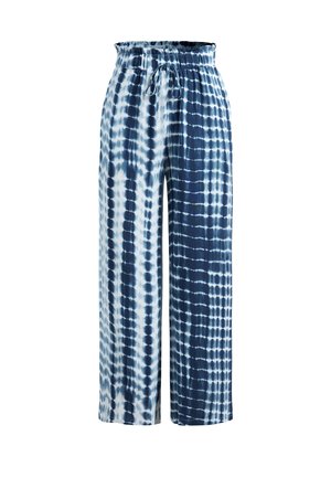 Wijde broekspijpen gemaakt van lichtgewicht stof, met een tie-dye patroon in marineblauw en wit, voorzien van een elastische tailleband voor comfort.