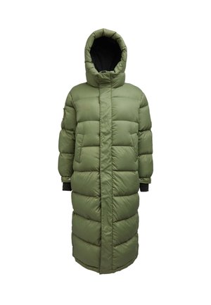 Olijfgroene pufferjack met een capuchon, met een gequilt ontwerp, voorzakken en geribbelde manchetten.