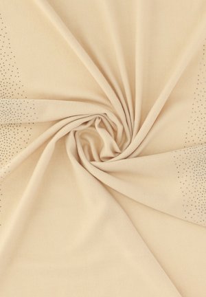 Beżowy materiał o miękkiej fakturze, z rozsianymi srebrnymi cyrkoniami na jednym brzegu. Materiał jest lekki i elegancko się układa.