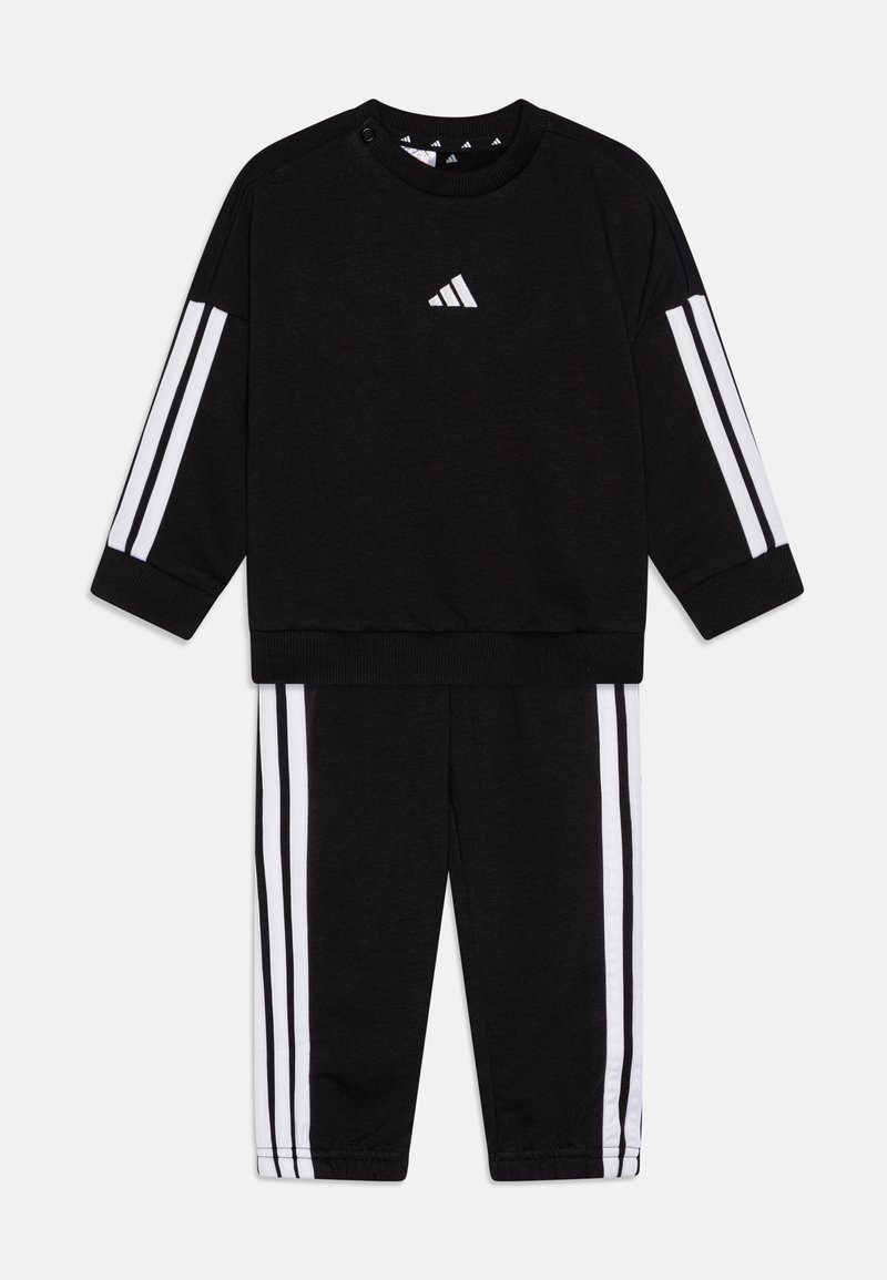 Black athletic tracksuit with long sleeves and pants, featuring white three-stripe accents down the sleeves and legs, made from soft fabric.