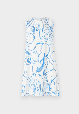 Valge õlakuubikuteta kleit, millel on sinine abstraktne lillemuster. Ümar kaelus ja lõtv A-lõikega siluett, ilma nähtavate kinnitusteta.
