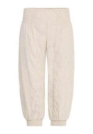 Leinenhose in hellbeige mit elastischem Taillenbund, schmal zulaufenden Beinabschlüssen und subtilem Muster. Glatte Stoffoberfläche.