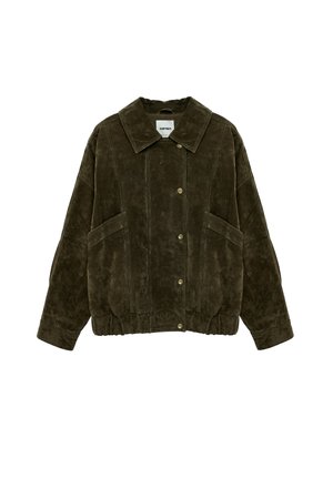 Dunkelgrüne Velourslederjacke mit Druckknöpfen, breitem Kragen, langen Ärmeln, schrägen Seitentaschen und elastischem Saum.