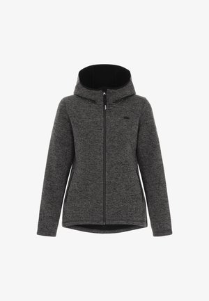 Šedá mikina s kapucí na zip, vyrobená z texturované látky, prostorná kapuce, zapinání na zip a boční kapsy. Jednobarevná bez viditelných vzorů nebo akcentů.