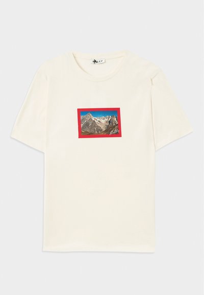 Kortærmet cremet t-shirt med et rektangulært bjerglandskabsmotiv indrammet af en rød ramme og et brandlogo i hjørnet.