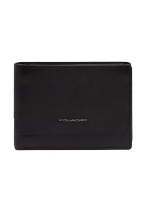 Portafoglio pieghevole in pelle nera con cuciture visibili e logo "Piquadro" argentato centrato sul davanti.