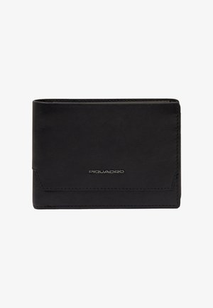 Black leather bi-fold wallet with visible stitching and silver "Piquadro" logo centered on front.