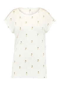 T-shirt bianca a maniche corte con una consistenza morbida, caratterizzata da piccoli ricami di ananas gialli e neri distribuiti uniformemente su tutto il tessuto.