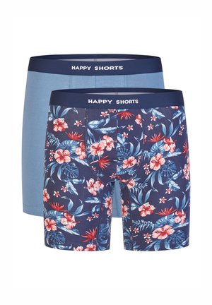 Twee paar herenboxershorts: één effen lichtblauw en één marineblauw met een levendig bloemendessin. Elastische taillebanden gemarkeerd met "HAPPY SHORTS."