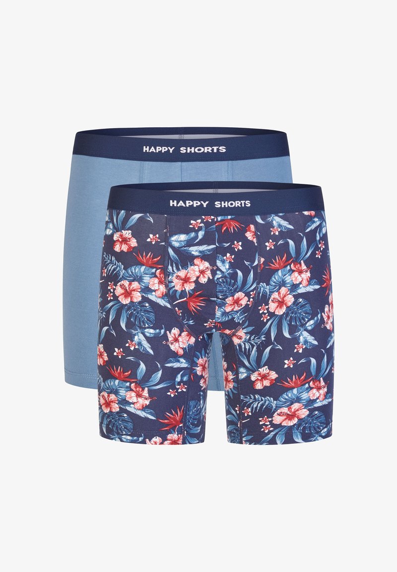 Zwei Paare Herren-Boxershorts: eine einfarbig hellblau und eine navy mit lebhaftem Blumenmuster. Elastische Taillenbänder mit der Aufschrift "HAPPY SHORTS".
