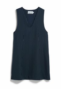 Marineblauw mouwloos topje met een V-hals, voorzien van witte verticale strepen. Gladde stof met een losse pasvorm en geen zichtbare sluitingen.