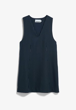 Marineblaues ärmelloses Oberteil mit V-Ausschnitt und weißen vertikalen Streifen. Glatter Stoff mit entspannter Passform und ohne sichtbare Verschlüsse.