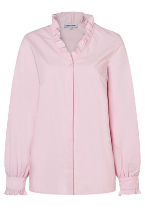 Rosa Bluse mit langen Ärmeln aus Baumwolle, mit einem gerafften Ausschnitt und Manschetten, Knopfverschluss vorne und glatter Textur.