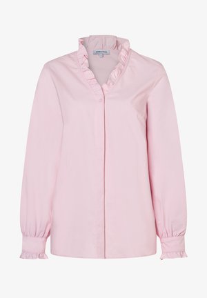 Roze blouse met lange mouwen gemaakt van katoen, met een gerimpelde halslijn en manchetten, knoopsluiting aan de voorkant en een gladde textuur.