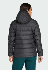 Black puffer jacket with a hood, featuring horizontal quilted stitching, slightly glossy finish, and a fitted silhouette.