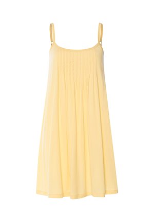 Vaaleankeltainen hihaton mekko ohuilla hihnoilla ja laskostetulla etuosalla, polven pituinen ja väljällä, liehuvalla istuvuudella.
