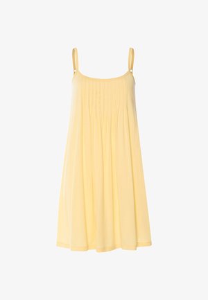 Vaaleankeltainen hihaton mekko ohuilla hihnoilla ja laskostetulla etuosalla, polven pituinen ja väljällä, liehuvalla istuvuudella.