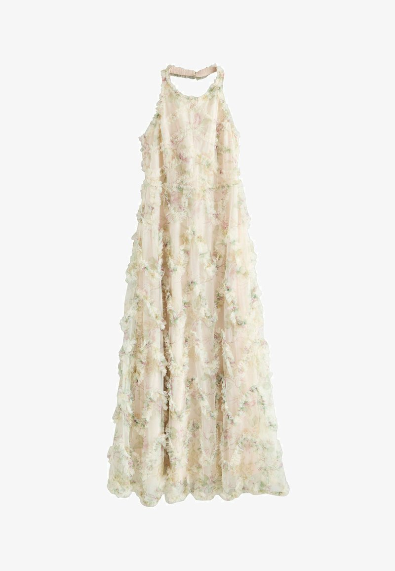 Robe longue jusqu'au sol, sans manches, de couleur rose pâle avec un col licou, ornée d'applications florales et de délicates couches de tissu transparent.