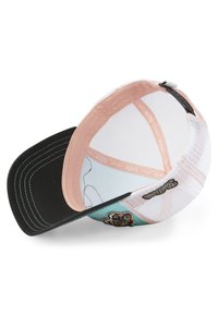 Casquette blanche avec une doublure intérieure rose, visière noire, dos en maille et un patch brodé de tigre sur le devant. Dispose d'une fermeture réglable.