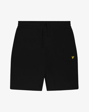 Sorte afslappede shorts med elastisk snøre i taljen og lille gul fuglelogo på højre lår.
