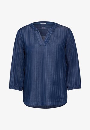 Marineblå bluse med lodrette striber, trekvartlange ærmer, blødt stof, V-udskæring og let buet kant.