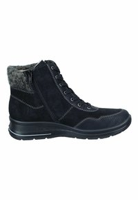 Bottine noire en nubuck avec un col en laine gris texturé, des lacets sur le devant et une fermeture éclair sur le côté, dotée d'une semelle en caoutchouc noire et de coutures contrastées.