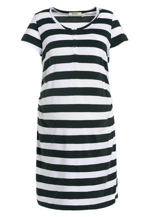 Vestido de maternidad a rayas con rayas horizontales en negro y blanco, mangas cortas, escote redondo y una tapeta de botones en la parte delantera.