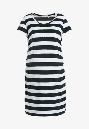 Sukienka ciążowa w paski z poziomymi czarno-białymi paskami, krótkimi rękawami, okrągłym dekoltem i listwą z guzikami z przodu.
