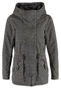 Patterned grey jacket with a hood, featuring a zip front, snap closures, drawstring waist, and two side pockets.