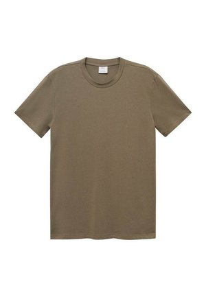 Olive green short-sleeve t-shirt made of soft cotton, featuring a round neck and a relaxed fit with a simple design and no patterns.