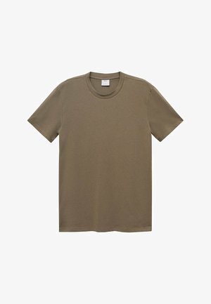 Tricou scurt, de culoare verde măsliniu, confecționat din bumbac moale, având guler rotund și o croială lejeră, cu un design simplu și fără modele.