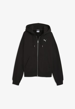 Schwarzer Hoodie mit Reißverschluss, Fronttaschen, Kordelzugkapuze und weißem Puma-Logo auf der linken Brust vor weißem Hintergrund.