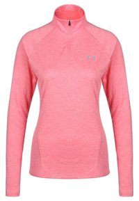 Pull à manches longues rose avec quart de zip, fabriqué en tissu texturé, doté de manches raglan et d'un logo discret sur la poitrine.