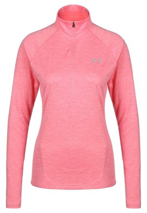Pink long-sleeve pullover with a quarter zip, made of textured fabric, featuring raglan sleeves and a subtle logo on the chest.