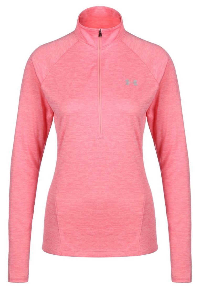 Pull à manches longues rose avec quart de zip, fabriqué en tissu texturé, doté de manches raglan et d'un logo discret sur la poitrine.