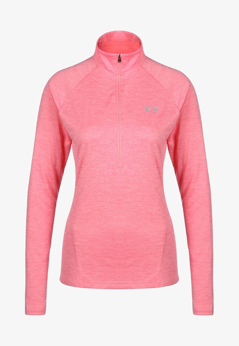 Pink long-sleeve pullover with a quarter zip, made of textured fabric, featuring raglan sleeves and a subtle logo on the chest.
