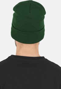 Beanie verde tricotat cu un design cu manșon, având o textură netedă și o parte superioară rotunjită, purtat peste un tricou negru.